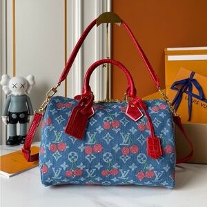 Master INSPIRED….. Blue Designer Cherry Print Bag and Wallet Set